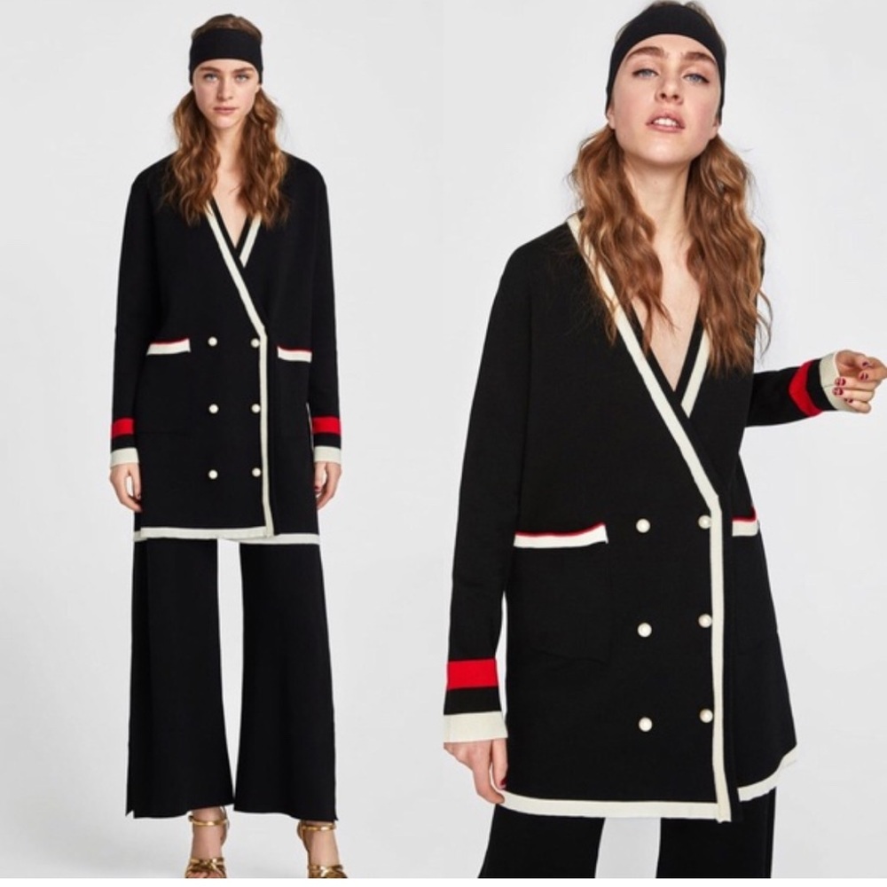Zara Black Double-Breasted Cardigan with Cream Trim and Red Accents